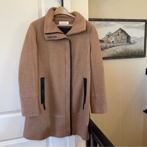 Calvin Klein Women's Camel Wool Coat with Black Accents